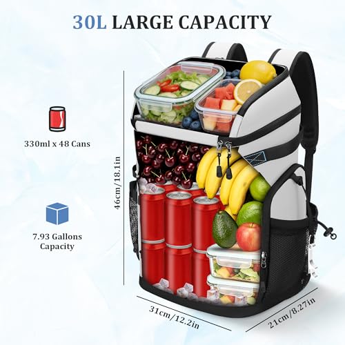 30L Cooler Backpack for Men Women, Leak Proof & Waterproof, Double Decker Insulated Backpack Cooler for Beach Camping Picnic (7.93 Gal, 48 Can) - color: White