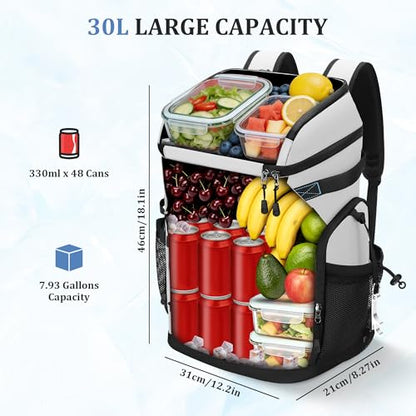 30L Cooler Backpack for Men Women, Leak Proof & Waterproof, Double Decker Insulated Backpack Cooler for Beach Camping Picnic (7.93 Gal, 48 Can) - color: White