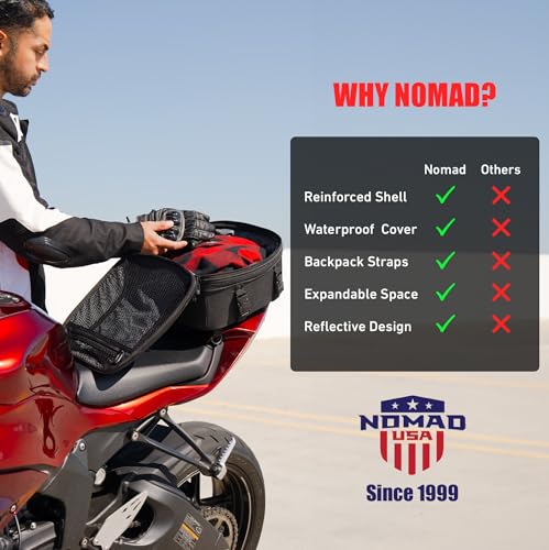 Nomad USA Motorcycle Tail Bag Fits Helmets, 22L-35L Expandable Hard Shell Waterproof Reflective Dual Rear Seat/Rack Bag Converts to Motorbike Backpack/Hand Carry Quick Release Bag w/Rain Cover