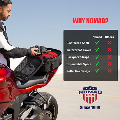 Nomad USA Motorcycle Tail Bag Fits Helmets, 22L-35L Expandable Hard Shell Waterproof Reflective Dual Rear Seat/Rack Bag Converts to Motorbike Backpack/Hand Carry Quick Release Bag w/Rain Cover