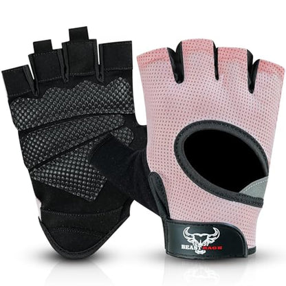 BEAST RAGE Fingerless Weight Lifting Gloves with Palm Protection Padding, Breathable Lightweight Gym Gloves for Men, Women, Weightlifting, Cycling, Exercise, Training Pull Up - color: Pink, size: Small