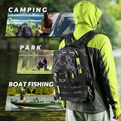 Fishing Backpack with Tackle Boxes,Fishing Lure Kit and Tool | Waterproof Fishing Tackle Bag With Rod Holder, Sling Backpack wtih Fishing Gear, Fishing Gifts for Men Woman Anglers - color: Camouflage Fishing Backpack Set