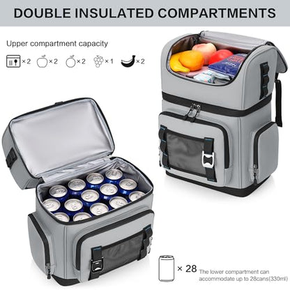 Large Waterproof Insulated Cooler Backpack for Men & Women, Double Decker Leak Proof Cooler Backpack for Beach, Camping, Picnic, Travel, 26L, 44Cans - color: Gray