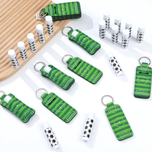 24 Sets Soccer Party Favors Lip Balm and Lipstick Holder Keychain Bulk Sport Ball Team Gifts Natural Moisturizing Lip Balm Keychains Portable Pouch for Team Soccer Sports Party Supplies - style: Soccer