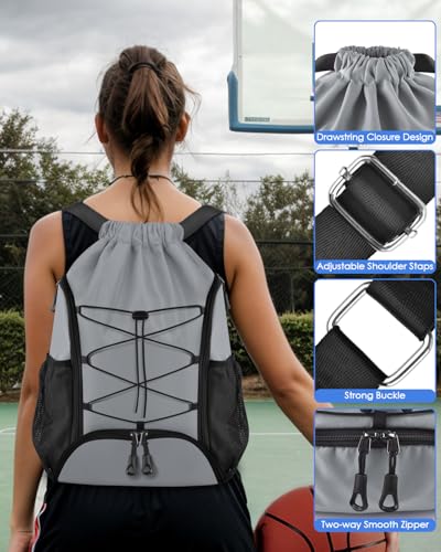 BROTOU Soccer Bags, Football Backpack, Volleyball Bag, Drawstring Soccer Backpack with Ball and Shoe Compartment - color: Silver Gray