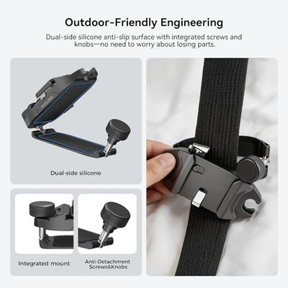Camera Backpack Clip, Dual-Lock Arca Quick Release for Hands-Free Hiking, Metal Holster for DSLR & Mirrorless with Action Cam & Pocket 3 Mounts, 66lb Load, Fits 75mm Straps - color: Black