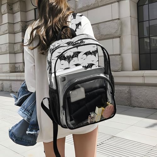 Halloween Black Bats Clear Backpack PVC Transparent Backpack Lightweight Book Bags Capacity Clear Bag for Boys Girls - color: White