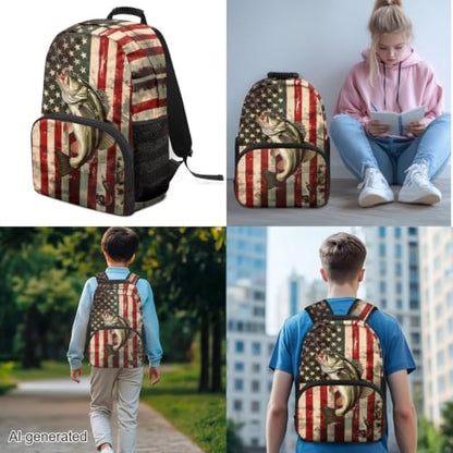 3 in 1 Backpack Set for Boys Girls USA Flag Fish 17 Inch Lager Capacity Bookbags School 3PCS Backpack with Lunch Box and Pencil Case - color: Usa Flag Fish