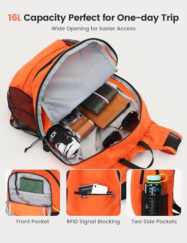 SKYSPER Hiking Backpack Ultralight Packable RFID Travel Daypack Small Nylon Stuff Pack 16L Outdoor Bag for Women Men - color: Orange