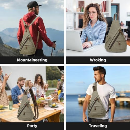 KouLi Buir Canvas Sling Bag - Small Crossbody Backpack Shoulder Casual Daypack Rucksack for Men Women - color: Olive Green