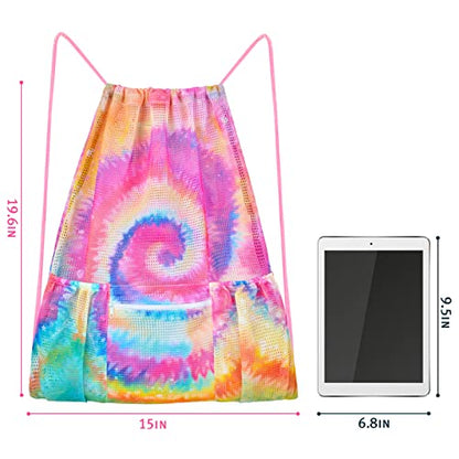 Fiodrimy Mesh Drawstring Backpack Bag Beach Bag with Zipper Pocket Gym Backpack Bag for Swimming Gear Gym Storage Bag for Adult Kids (Tie Dye) - color: Tie Dye