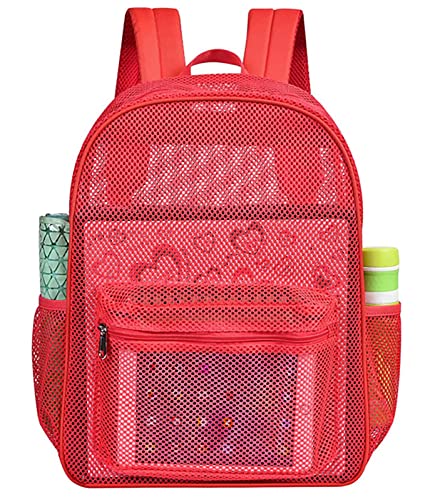 MCWTH Heavy Duty Mesh Backpack, See Through School College Student Mesh Bookbag (Red) - color: Red