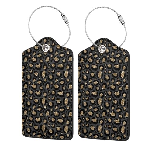 2 Pack Luggage Tags for Suitcases, PU Leather Bag Tag with Privacy Cover Address Card Travel Essentials-Black Gold Leopard Cheetah - color: Black Gold Leopard Cheetah