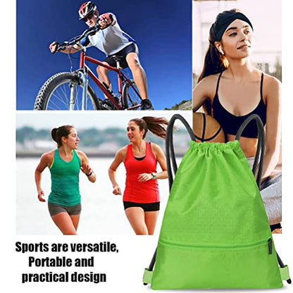 Drawstring Backpack Bag, Waterproof Draw String Back Sack with Zip Pocket, Gym Drawstring Bags Swim Bag for Men Women - color: Green, Upgraded