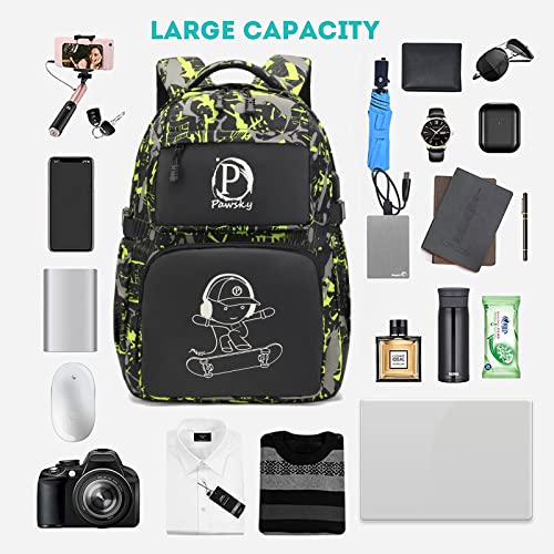 Kids Backpack for School, Boys Backpacks with USB Charging Port, College Elementary School Bookbag Lightweight Laptop Bag with Sling Bag, Green - style: Skateboard-green