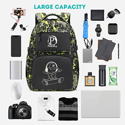 Kids Backpack for School, Boys Backpacks with USB Charging Port, College Elementary School Bookbag Lightweight Laptop Bag with Sling Bag, Green - style: Skateboard-green