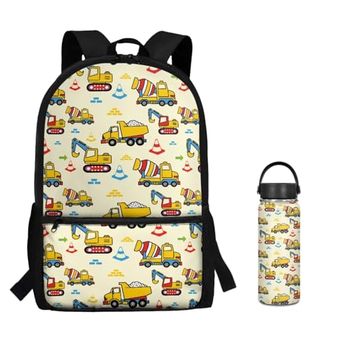 ZOUTAIRONG Backpack for School Mini Thermos with Carry Handle School Bags for Age 7-10/10-12/12-17, Construction Machinery Vehicle Print Casual Backpack with Side Pockets - color: Construction Machinery Vehicle Print