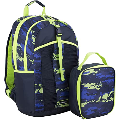 FUEL Lunch Backpack Set Teens Student Water Resistant Bookbag Bag Soft Reusable Insulated Cooler Lunch Box Thermal Travel Office Lunch Bag, Blue w/Neon Digital - color: Blue W/ Neon Camo