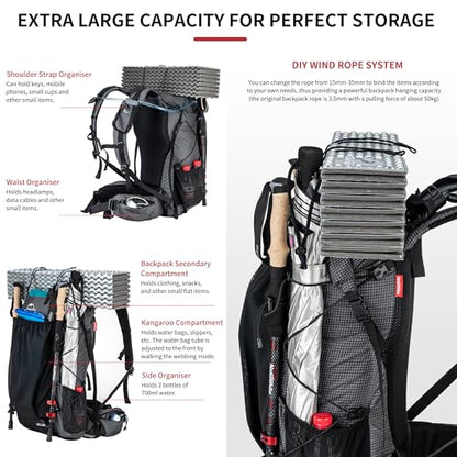 Naturehike 45L Rock Internal Frame Hiking Backpack for Outdoor Camping Travel Backpacking with Rain Cover Ultralight Backpack for Adults - color: 45l/Black