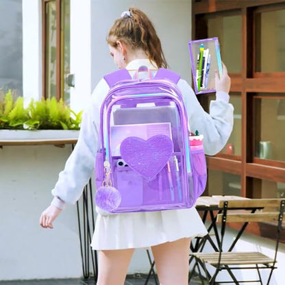gxtvo 3PCS Transparent Backpack Heavy-Duty Set for Women & Teen Girls, 17" See Through Bookbag with Rainbow Strap, Purple Sequins Clear School Bag - color: Purple Sequins Clear Backpack Set