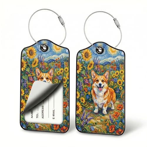 Corgi Dog Luggage Tags for Suitcases, 2 Pack PU Leather Travel ID Tags Set | Privacy flap hides address card, steel wire loop fits backpacks, lunch totes, school bags, daily totes and quick weekend use - color: Corgi