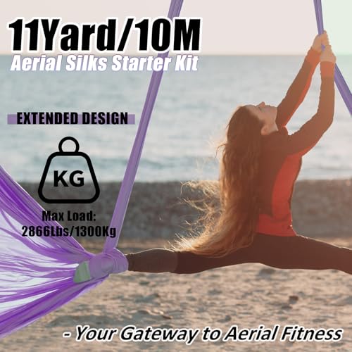Aerial Silks Kit & Aerial Yoga Hammock - 11Yd Premium Fabric with Hardware - Easy Setup for Flying Yoga, Aerial Swing & Fitness - Supports Up to 14ft Rigging - color: Lavender
