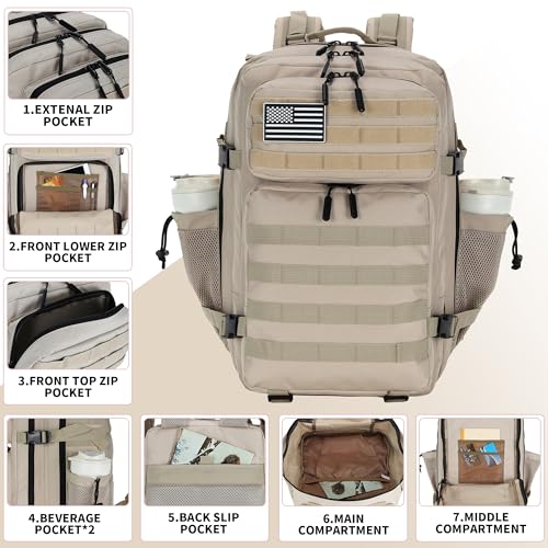 Lovelinks21 45L Tactical Assault Backpack 3 day assault pack with Molle Waterproof backpack Rucksack for Tactical Backpacks (Light Khaki) - color: Light Khaki