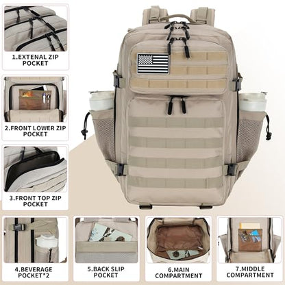 Lovelinks21 45L Tactical Assault Backpack 3 day assault pack with Molle Waterproof backpack Rucksack for Tactical Backpacks (Light Khaki) - color: Light Khaki