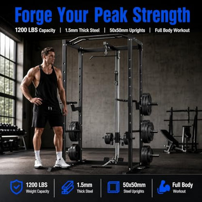 KOPUS Power Rack with Pulley System – Multi-Functional Power Cage Squat Rack, LAT Pull Down, J Hooks & Safety Bars – 1200 lbs Home Gym Equipment – 5 Configurations