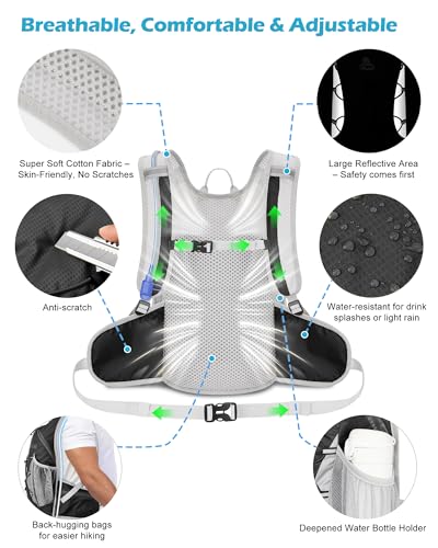 Hydration Backpack with 2L Water Bladder - Lightweight 15L Daypack with Phone-Sized Hip Belt Pockets, Anti-Chafe Cotton Edging & No-Bounce Straps - Small Water Backpack for Hiking, Running, Skiing - color: Black