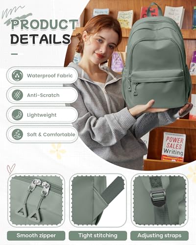 BJLFS Green Cute School Backpack with Laptop Compartment Small Travel Laptop Backpack for Women Men Waterproof College Backpack Simple School Bag for Teens Girls Boys - color: A0-green