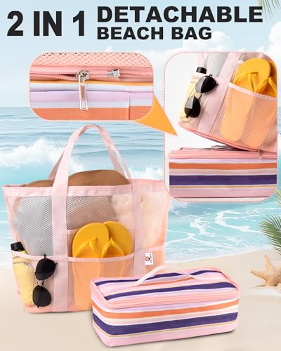CaCTOUR Beach Bag with Cooler Compartment,Mesh Beach Bag Dry Wet Detachable with Zipper Pockets,Waterproof Sandproof Pool Bag - color: Stripe Pink