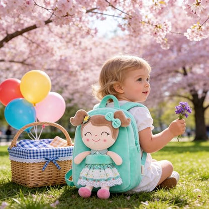 Gloveleya Kids Backpacks Girls Backpack Plush Bags with Soft Baby Doll Green 9" | with Soft Baby Doll - color: A015 Spring Girl Green & Doll, size: 9 inches