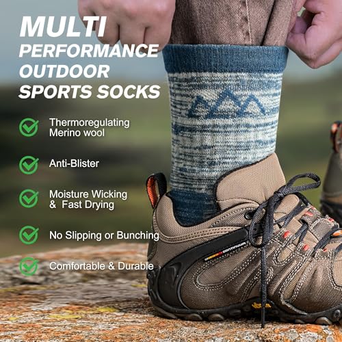 innotree Men's Merino Wool Hiking Socks 3 Pairs, Moisture Wicking Cushioned Breathable Crew Socks for Hiking Walking Trekking - color: Grey, Blue, Green, size: Medium