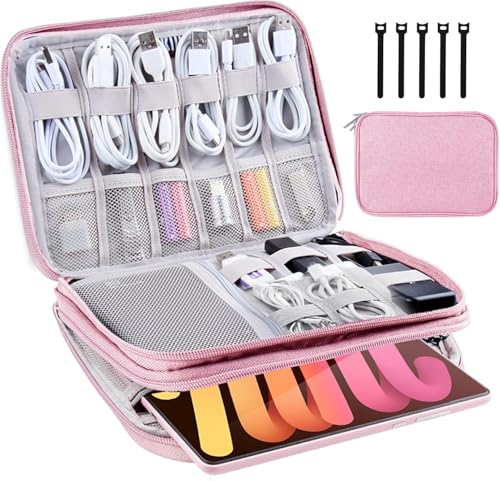 Electronic Organizer Travel Case, Travel Cable Bag, Water Resistant, Double Layers Pouch for Cables, Cords, iPad Mini, Gift for Women, Nylon, Pink, 9.5 x 6.9 x 1 Inch, 6.6 OZ - color: pink