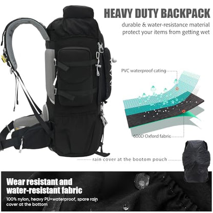 Bseash 70L (65+5) Waterproof Hiking Camping Backpack with Rain Cover, Outdoor Sport Travel Daypack for Climbing Touring (Black) - color: Black