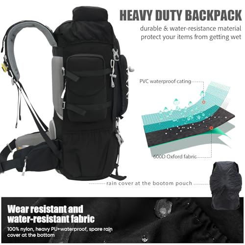 Bseash 70L (65+5) Waterproof Hiking Camping Backpack with Rain Cover, Outdoor Sport Travel Daypack for Climbing Touring (Black) - color: Black