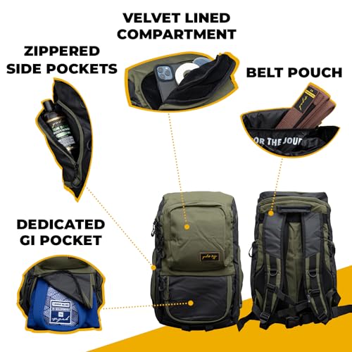 Gold BJJ Jiu Jitsu Backpack - Heavy Duty Gym Bag with Waterproof Gi Pocket - color: Olive