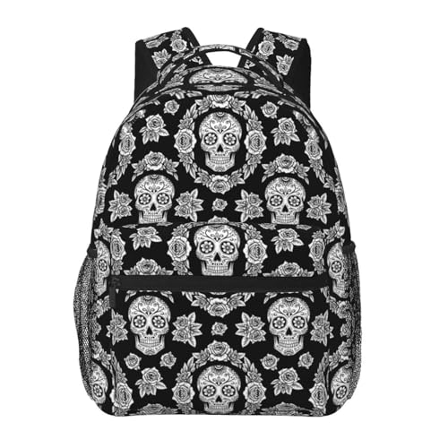 Casual Travel Daypack Black And White Floral Day Of The Dead Mexican Sugar Skulls, Multi Pocket Water Resistant Backpack for Men Women Weekend Getaways - color: Pattern (226)