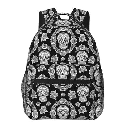 Casual Travel Daypack Black And White Floral Day Of The Dead Mexican Sugar Skulls, Multi Pocket Water Resistant Backpack for Men Women Weekend Getaways - color: Pattern (226)