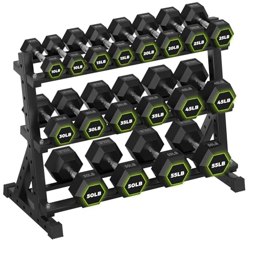 HANDBODE 3-Tier Dumbbell Rack Stand, 1000LB Capacity Storage Rack, Weight Rack for Dumbbells, Kettlebell, 390–700 lb Rubber Coated Fixed Weight Sets, Home Gym Strength Training Equipment - color: 570 lb Set (10-55 lb) *2 & Rack