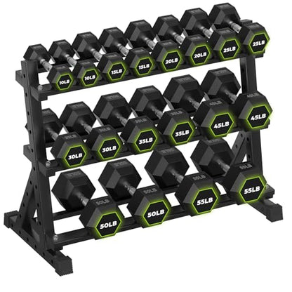 HANDBODE 3-Tier Dumbbell Rack Stand, 1000LB Capacity Storage Rack, Weight Rack for Dumbbells, Kettlebell, 390–700 lb Rubber Coated Fixed Weight Sets, Home Gym Strength Training Equipment - color: 570 lb Set (10-55 lb) *2 & Rack