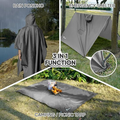 PTEROMY 3-in-1 Hooded Rain Poncho for Adult with Pocket, Waterproof Lightweight Unisex Raincoat for Hiking Camping Emergency - color: Grey