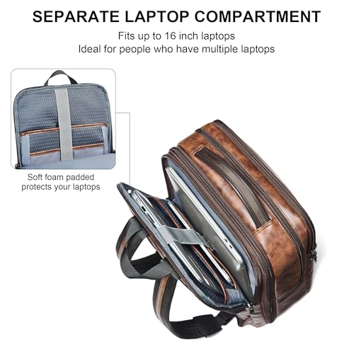 Shrrie Vegan Leather Laptop Backpack for Women&Men,16 Inch Expandable Backpack with USB Charging Port,Two-toned Brown - color: Two-toned Brown