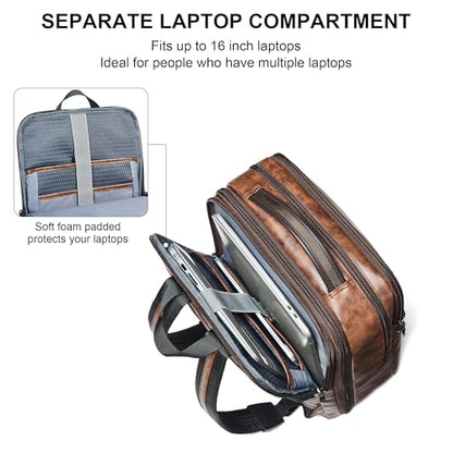 Shrrie Vegan Leather Laptop Backpack for Women&Men,16 Inch Expandable Backpack with USB Charging Port,Two-toned Brown - color: Two-toned Brown
