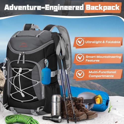 RAINSMORE Foldable Hiking Backpack for Women Men Packable Camping Backpack 40L Waterproof Hiking Daypack Bag Lightweight Collapsible Daypack for Travel Trekking Mountaineering Large Capacity Black - color: Black and Grey