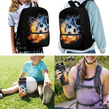 ZOUTAIRONG Large Capacity Bookbag for School and Small Insulated Water Bottle, School Bags for Age 7-10/10-12/12-16, Flaming Water Soccer Design Backpack with Side Pockets - color: Flaming Water Soccer Design