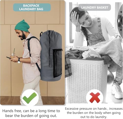 Laundry Bag Backpack with Shoulder Straps and Mesh Pocket Laundry Backpack Large Portable Laundry Hamper for College Laundromat Apartment with Drawstring Closure, Adjustable Back Straps (Grey) - color: Smoky
