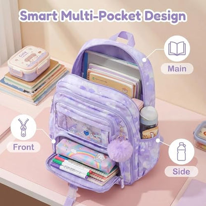 Lovely Kawaii Kids School Backpack For Girls – Splash-Proof Book Bag for Kids & Students, Multi-Pocket Children's School Bag, 17 Inch Purple Backpack - color: Purple