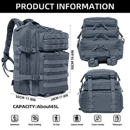 45L Military Tactical Backpack Hiking Backpacks Tactical Gear Camo Back Pack Army Molle Bag Rucksack Fitness Daypack - color: Grey